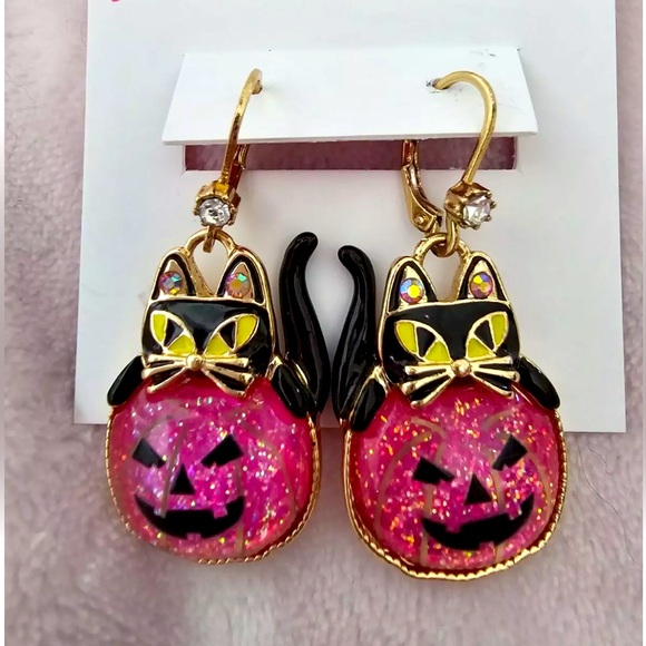 New Betsey Johnson Faux Stone Cat Pumpkin Drop Earrings - Picture 3 of 8